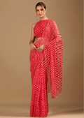 Coral Red Chiffon Saree With Stone Work