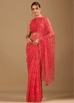 Coral Red Chiffon Saree With Stone Work