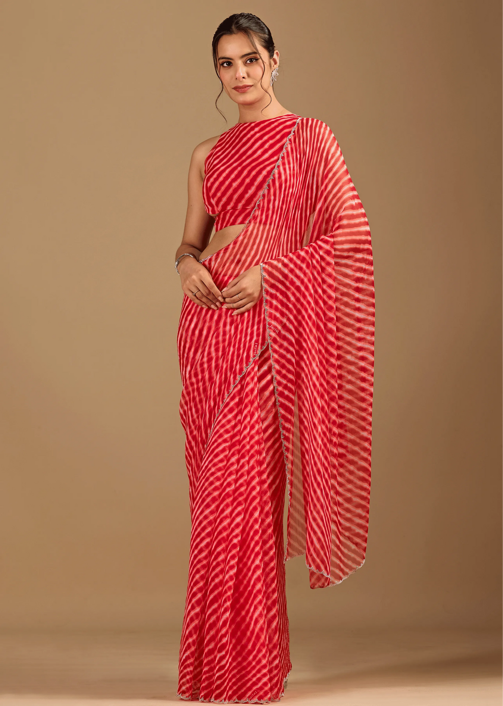 Coral Red Chiffon Saree With Stone Work - Front Look | Buy On Ethnic9