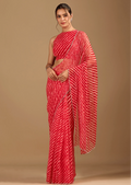 Coral Red Chiffon Saree With Stone Work - Front Look | Buy On Ethnic9