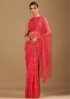 Coral Red Chiffon Saree With Stone Work - Front Look | Buy On Ethnic9