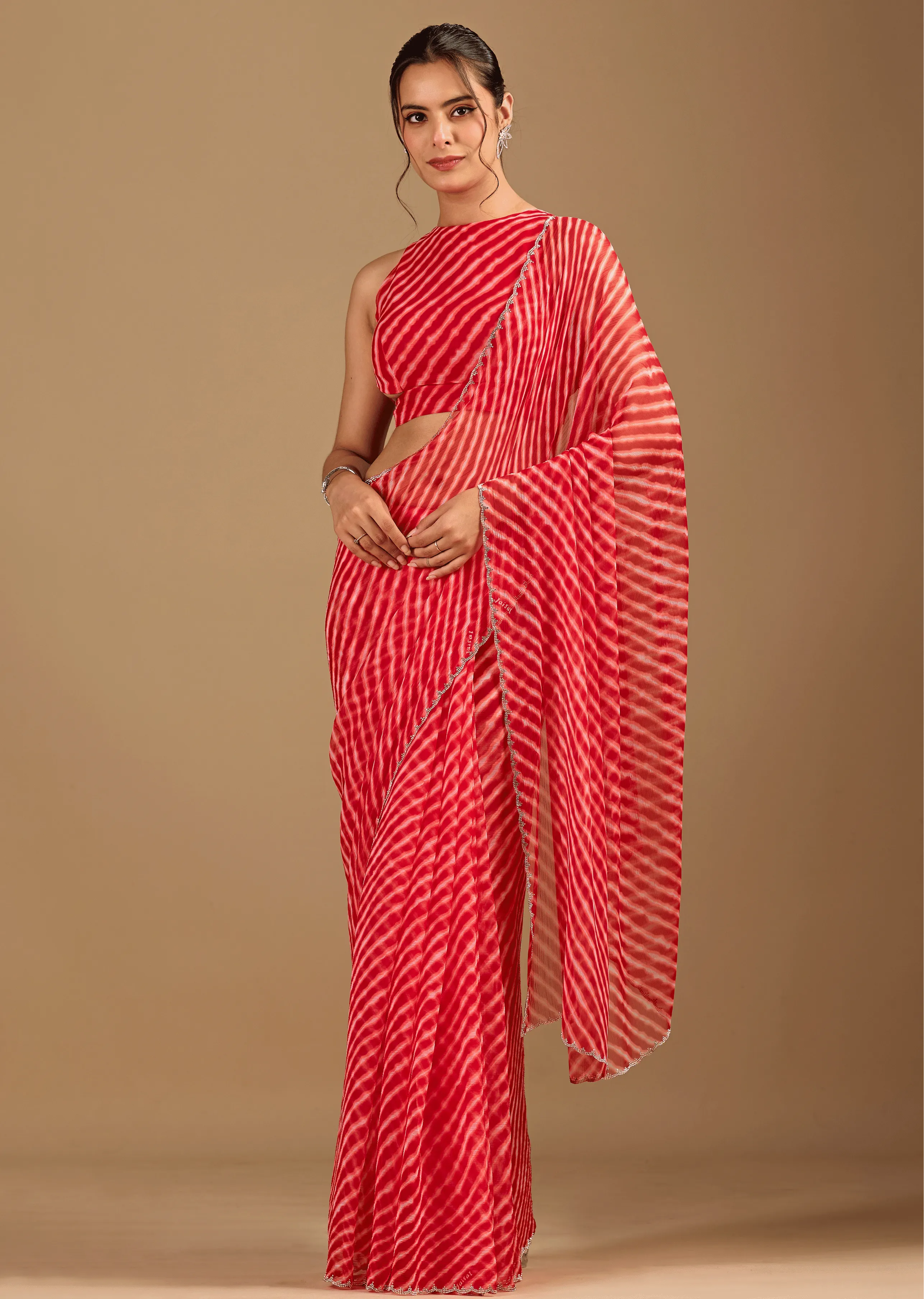 Coral Red Chiffon Saree With Stone Work - Front Look | Buy On Ethnic9
