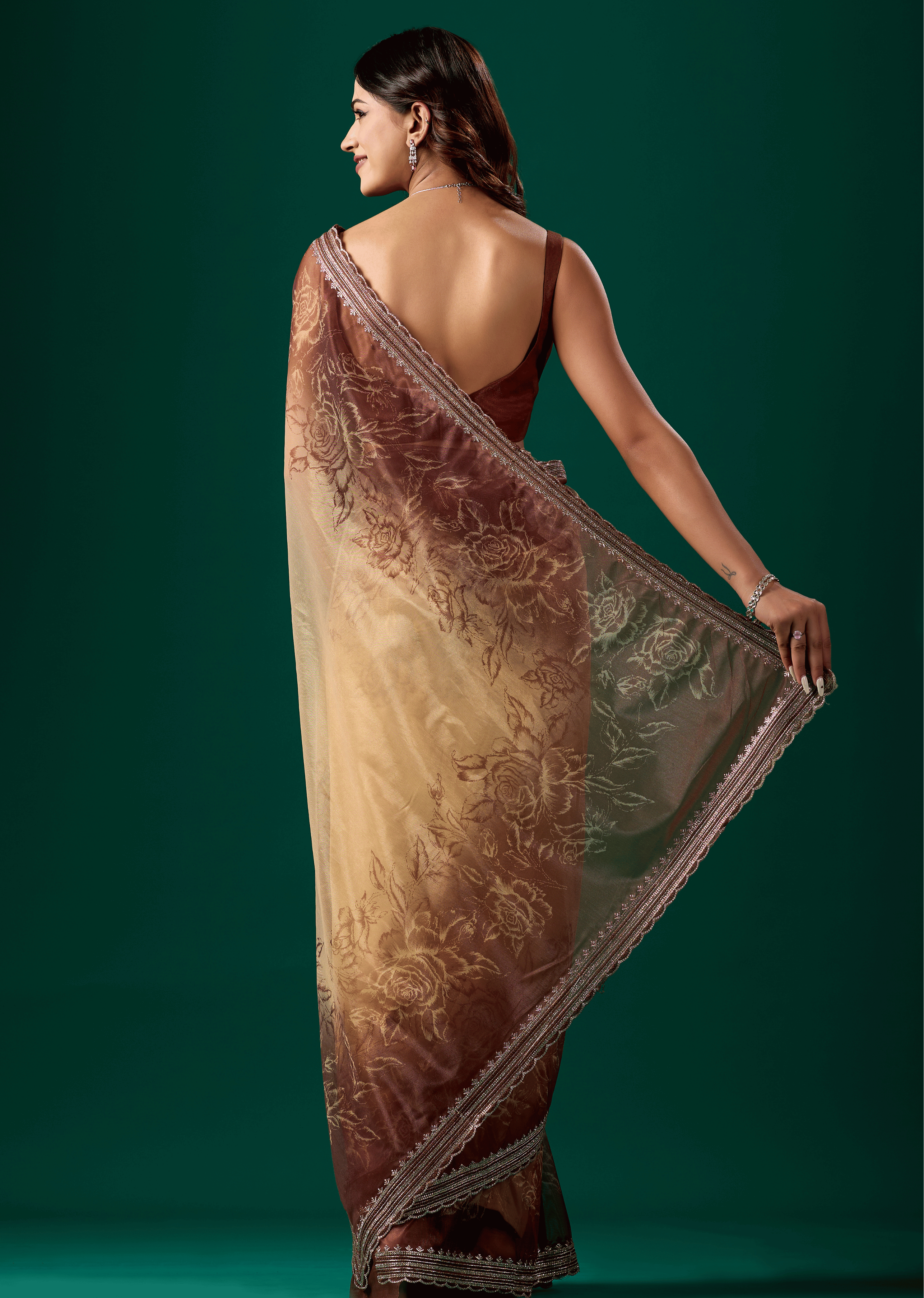 Coffee Brown Organza Saree With Floral Print