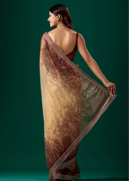 Coffee Brown Organza Saree Back Pose - Floral Print Detail