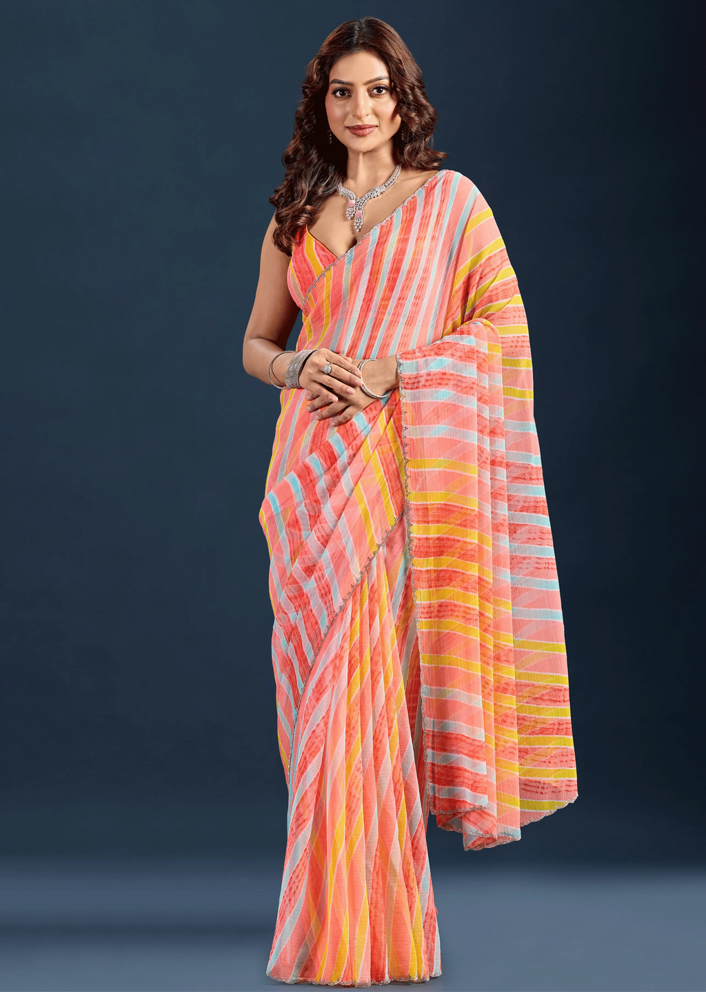 Yellow Red Chiffon Saree Pallu Detail - Multicolor Striped Print
