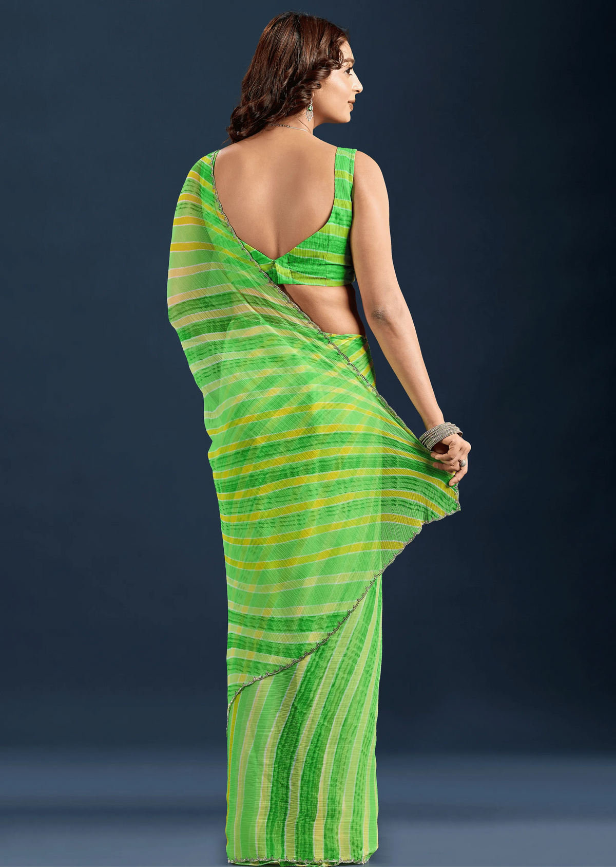 Parrot Green Chiffon Saree Back Pose - Striped Print Detail