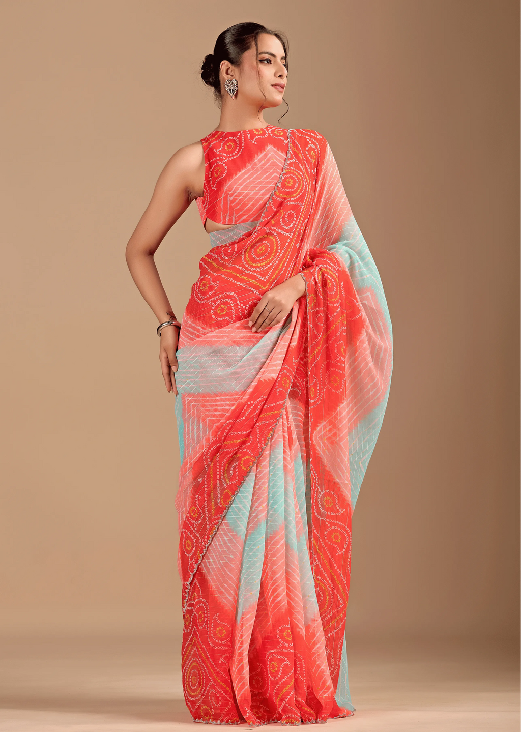 Orange Chiffon Saree Close Up Pose - Haldi Ceremony Wear