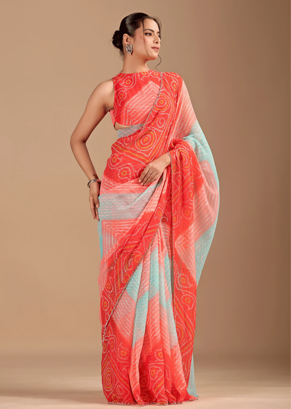 Orange Chiffon Saree Close Up Pose - Haldi Ceremony Wear