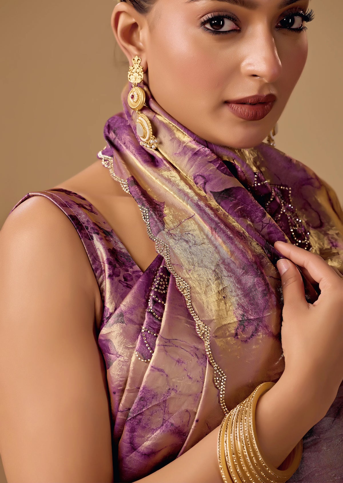 Lavender Organza Silk Saree Close Up Pose - Festive Wear Saree
