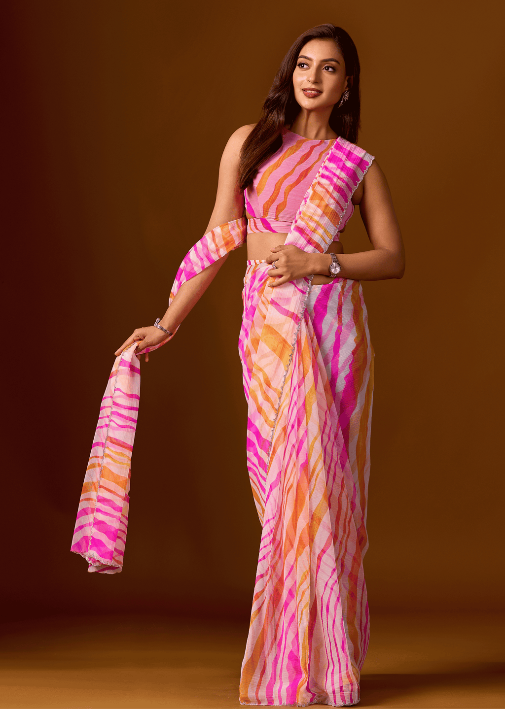 Pink Peach Chiffon Saree With Stone Work