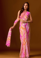 Pink Peach Chiffon Saree With Stone Work