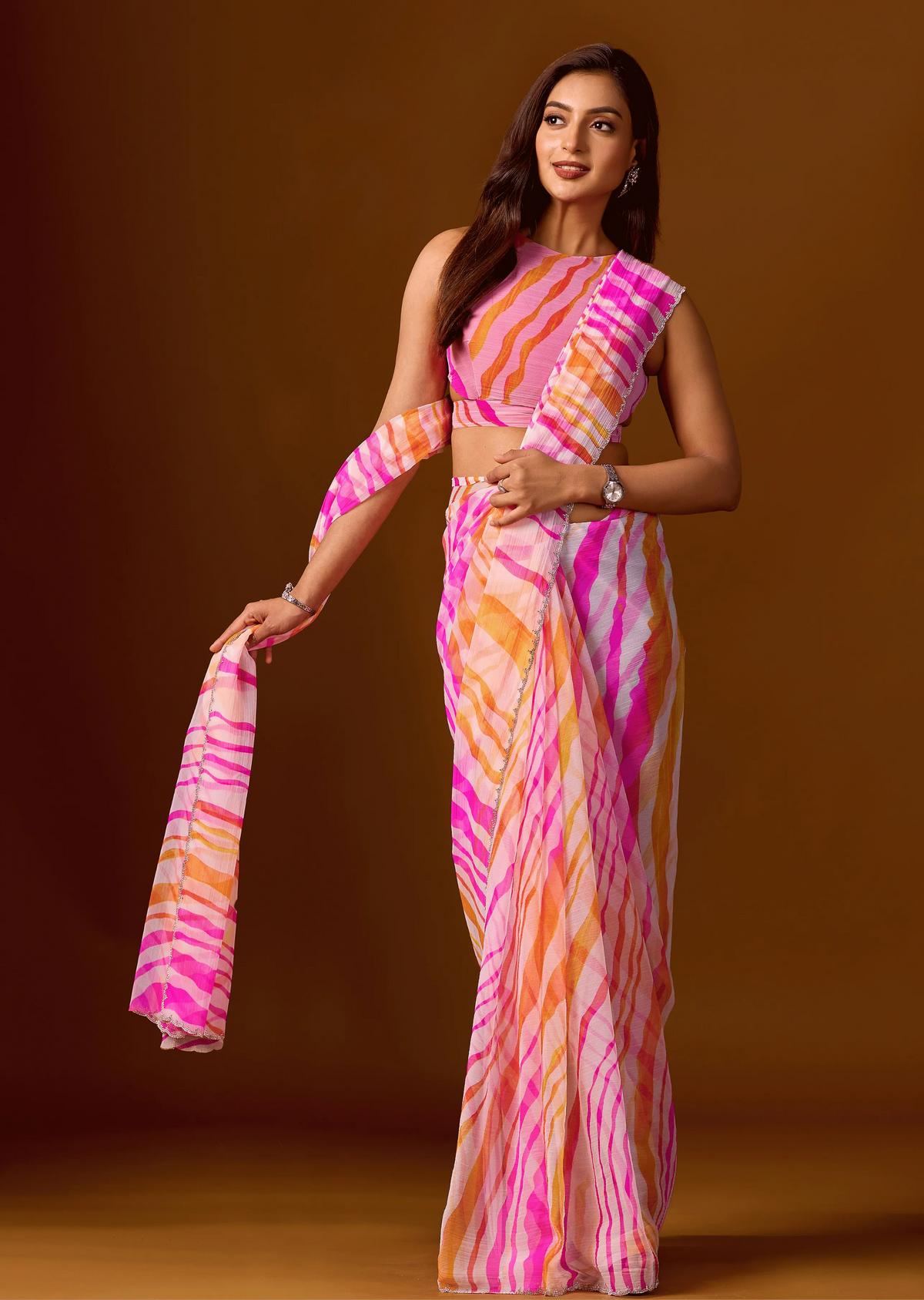 Pink Peach Chiffon Saree Close Up Pose - Stone Work Detailing