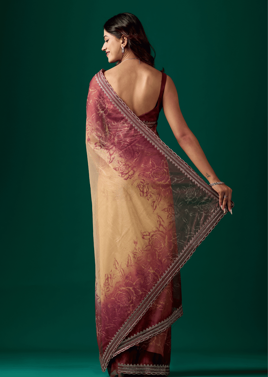 Maroon Organza Saree With Floral Print