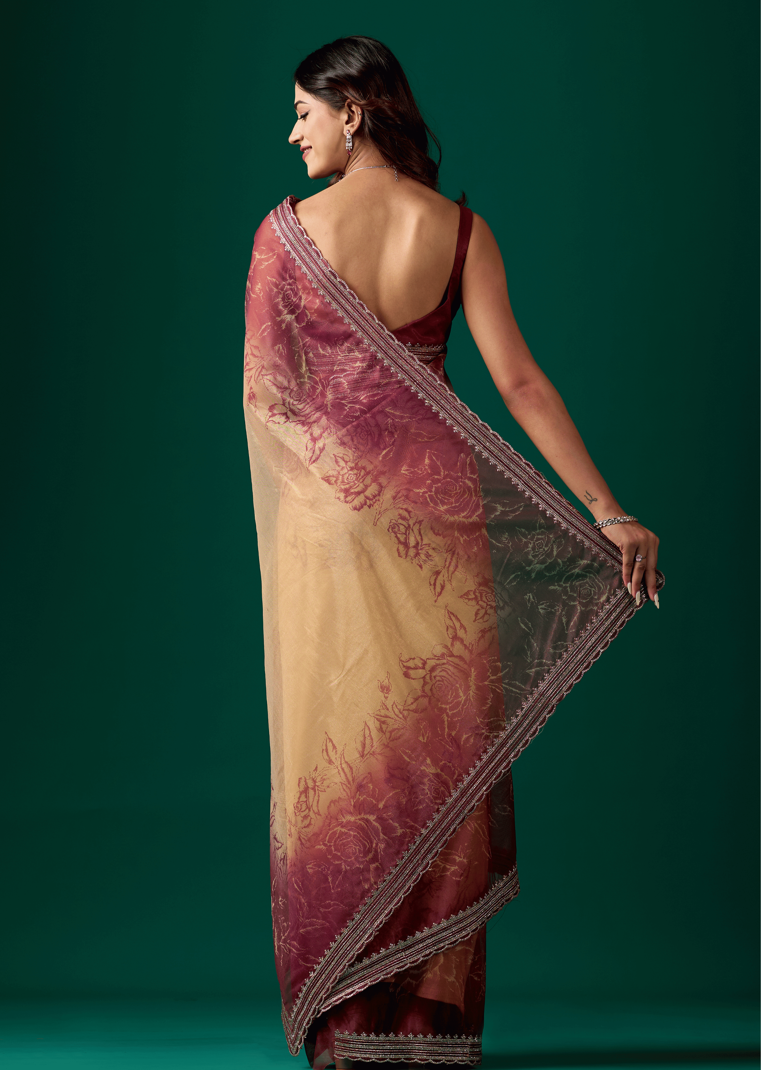 Maroon Organza Saree With Floral Print