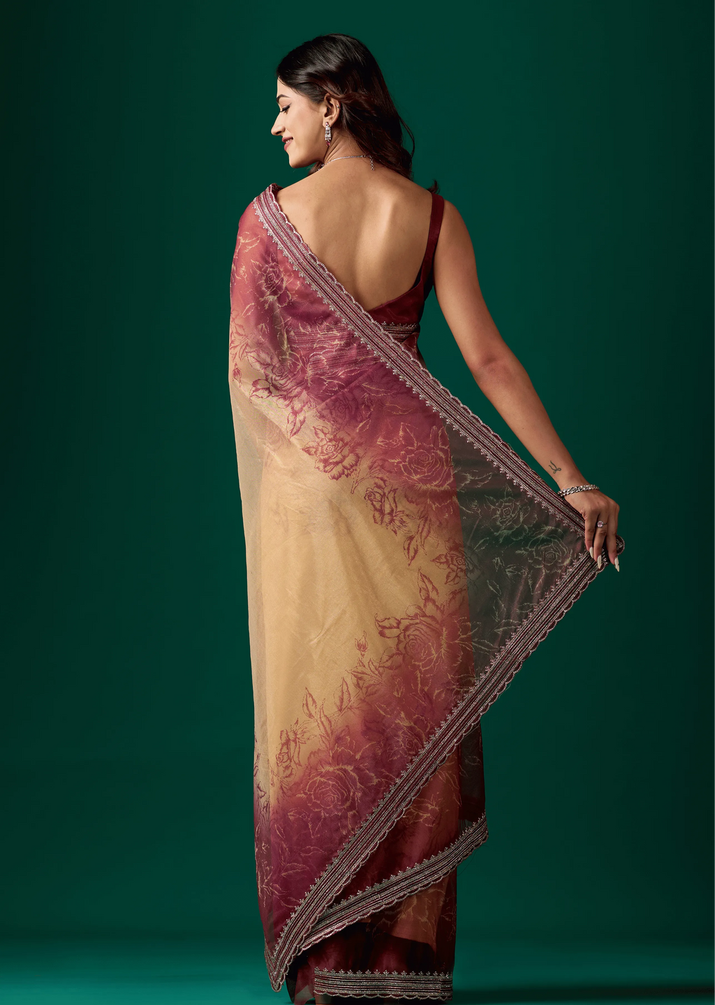 Maroon Organza Saree Back Pose - Floral Print Detail