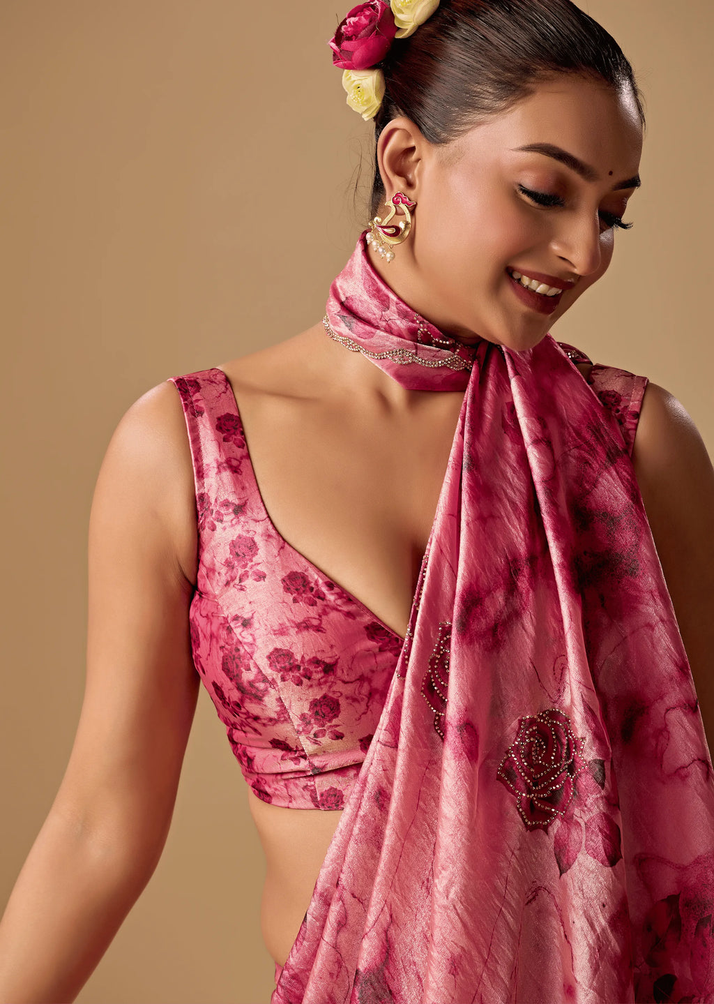 Rose Red Organza Silk Saree Close Up Pose - Festive Wear Saree