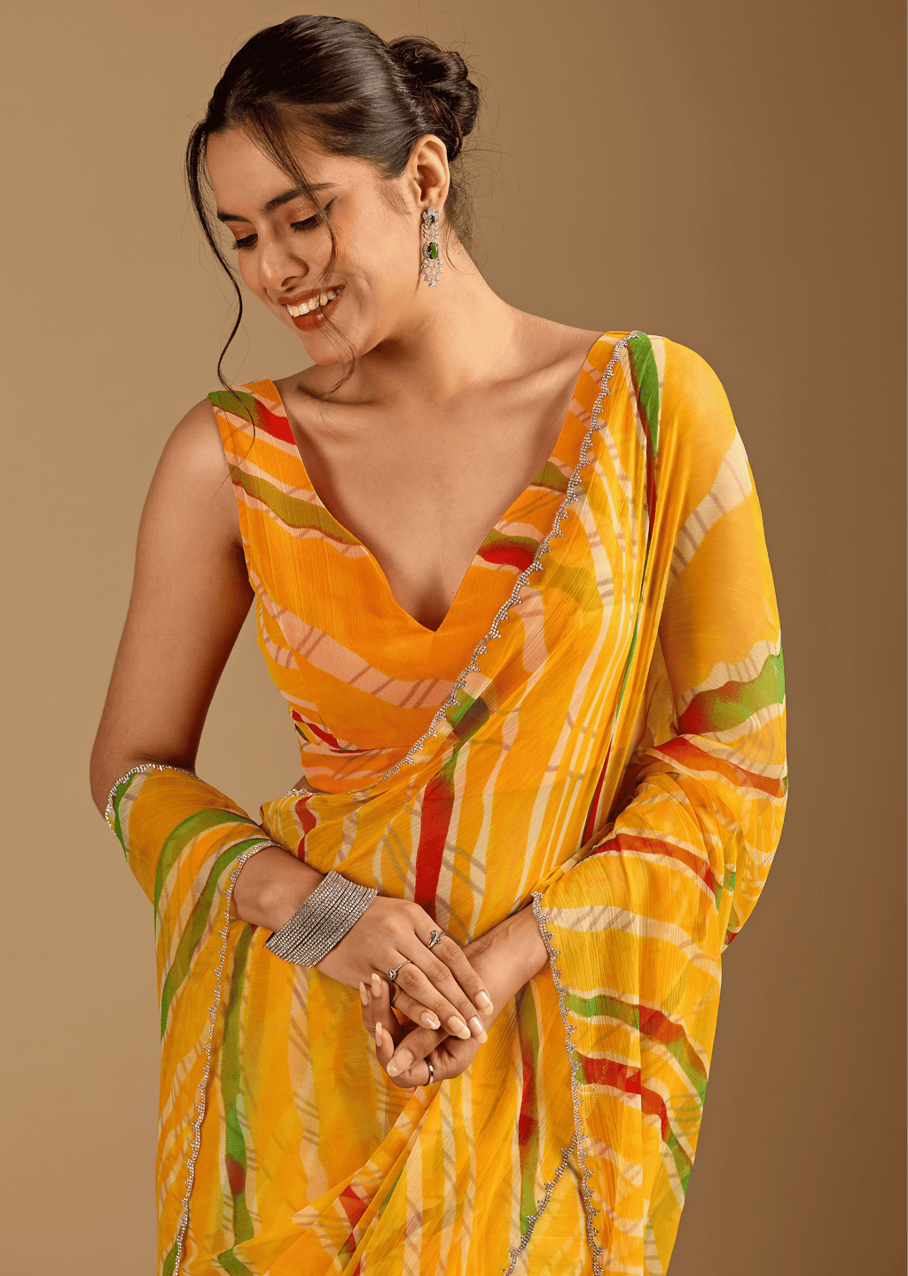 Mustard Yellow Chiffon Saree With Stone Work