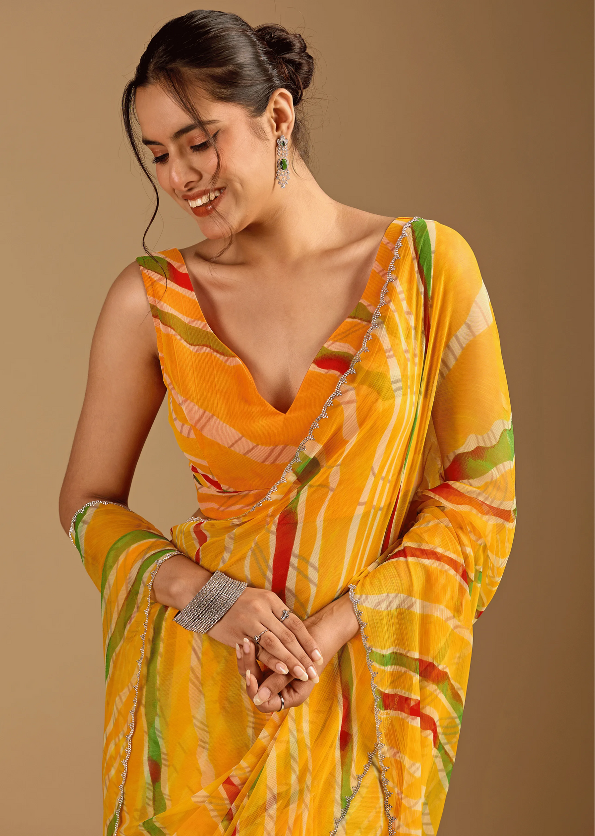Mustard Yellow Chiffon Saree Pallu Detail - Traditional Wear Saree