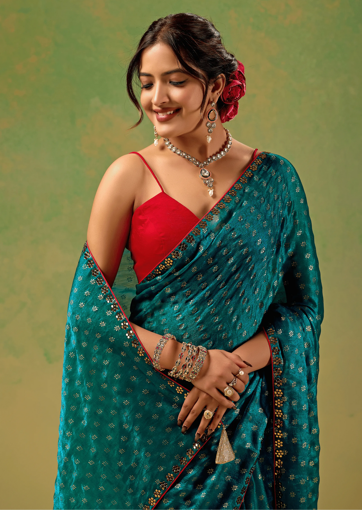 Teal Blue Tissue Silk Saree Standing Look - Festive Wear Saree