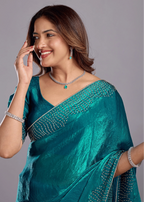 Teal Blue Tissue Silk Saree Close Up Pose - Reception Wear Saree