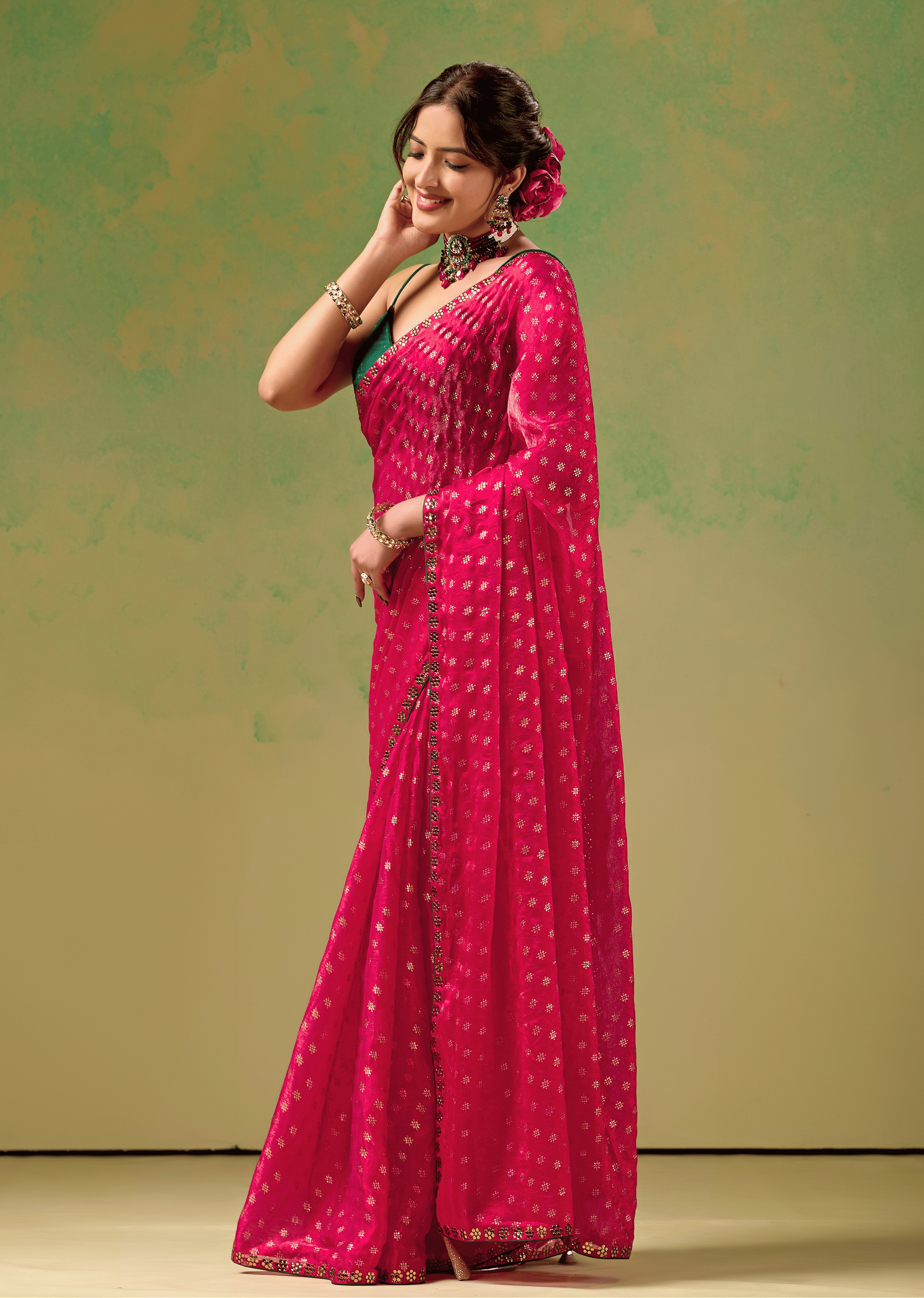 Rani Pink Tissue Silk Saree With Foil Butti Print