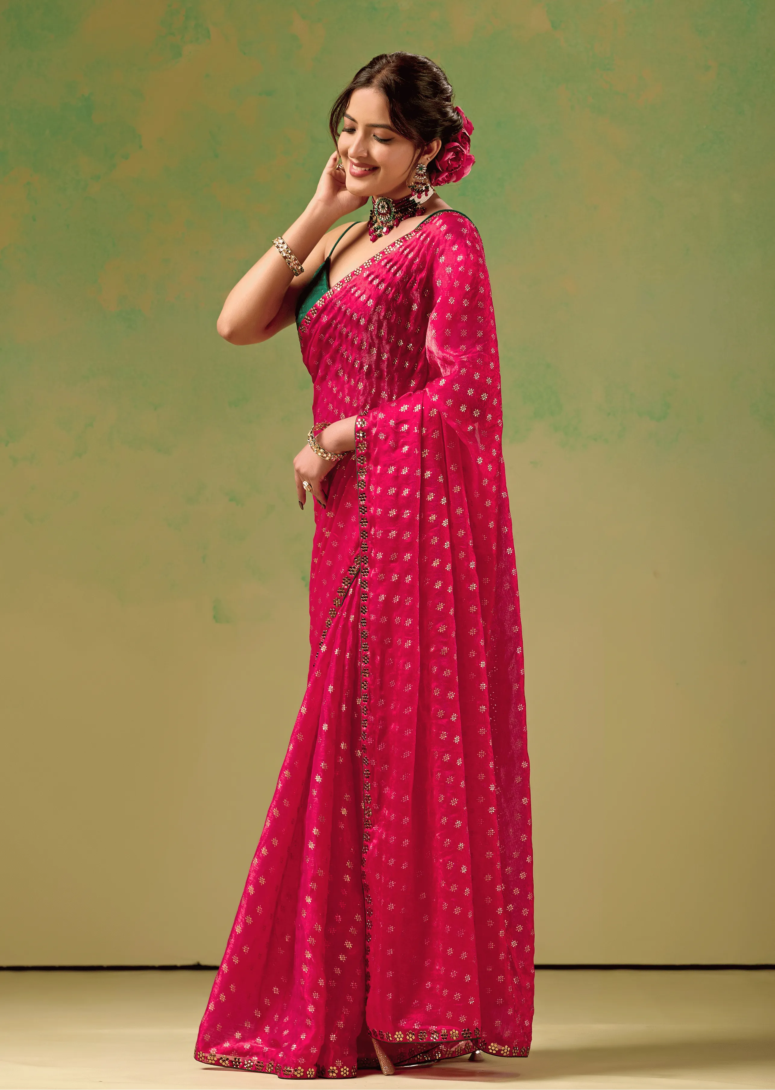 Rani Pink Tissue Silk Saree Side Pose - Foil Butti Print Detailing