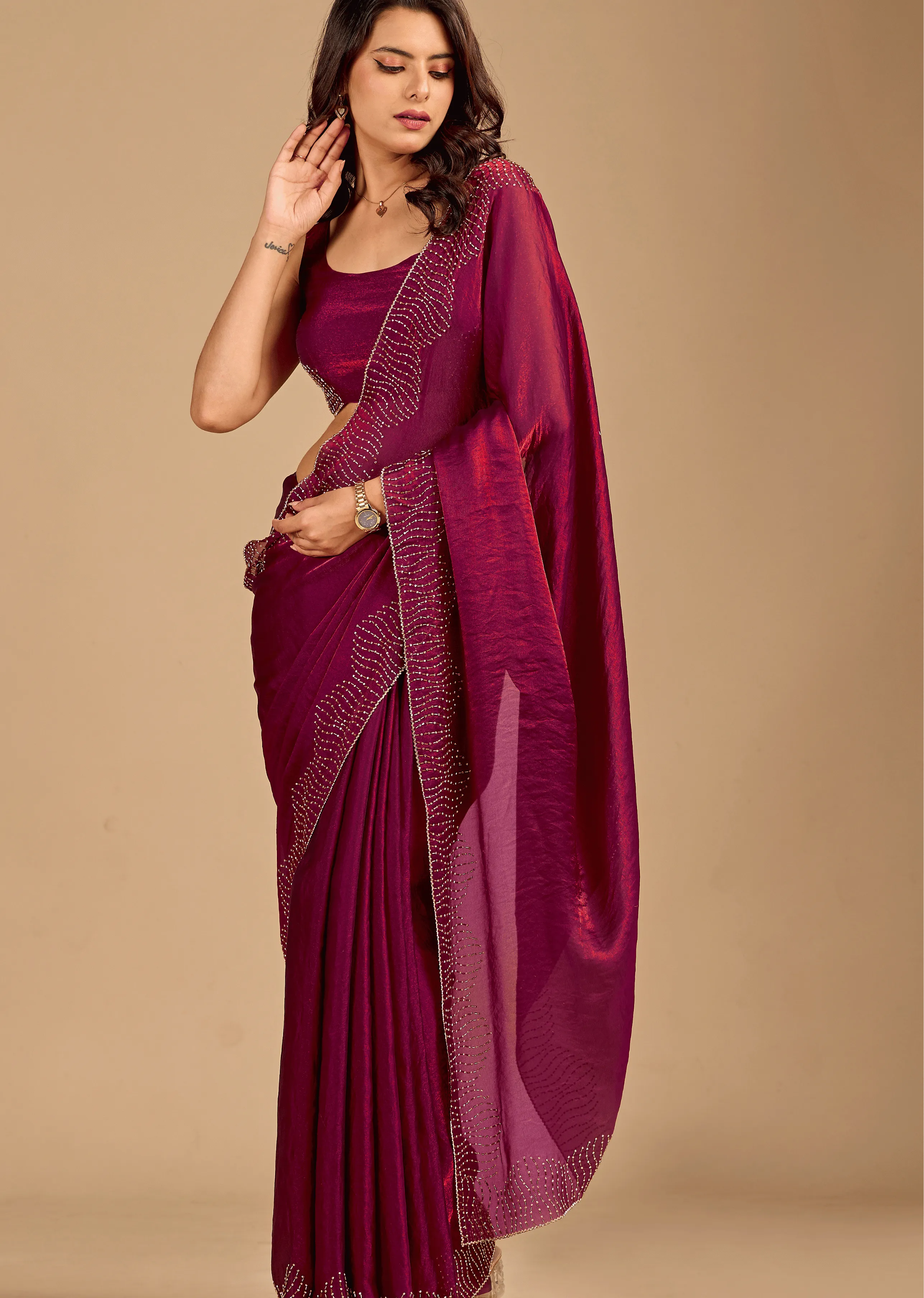 Wine Tissue Silk Saree Close Up Pose - Reception Wear Saree