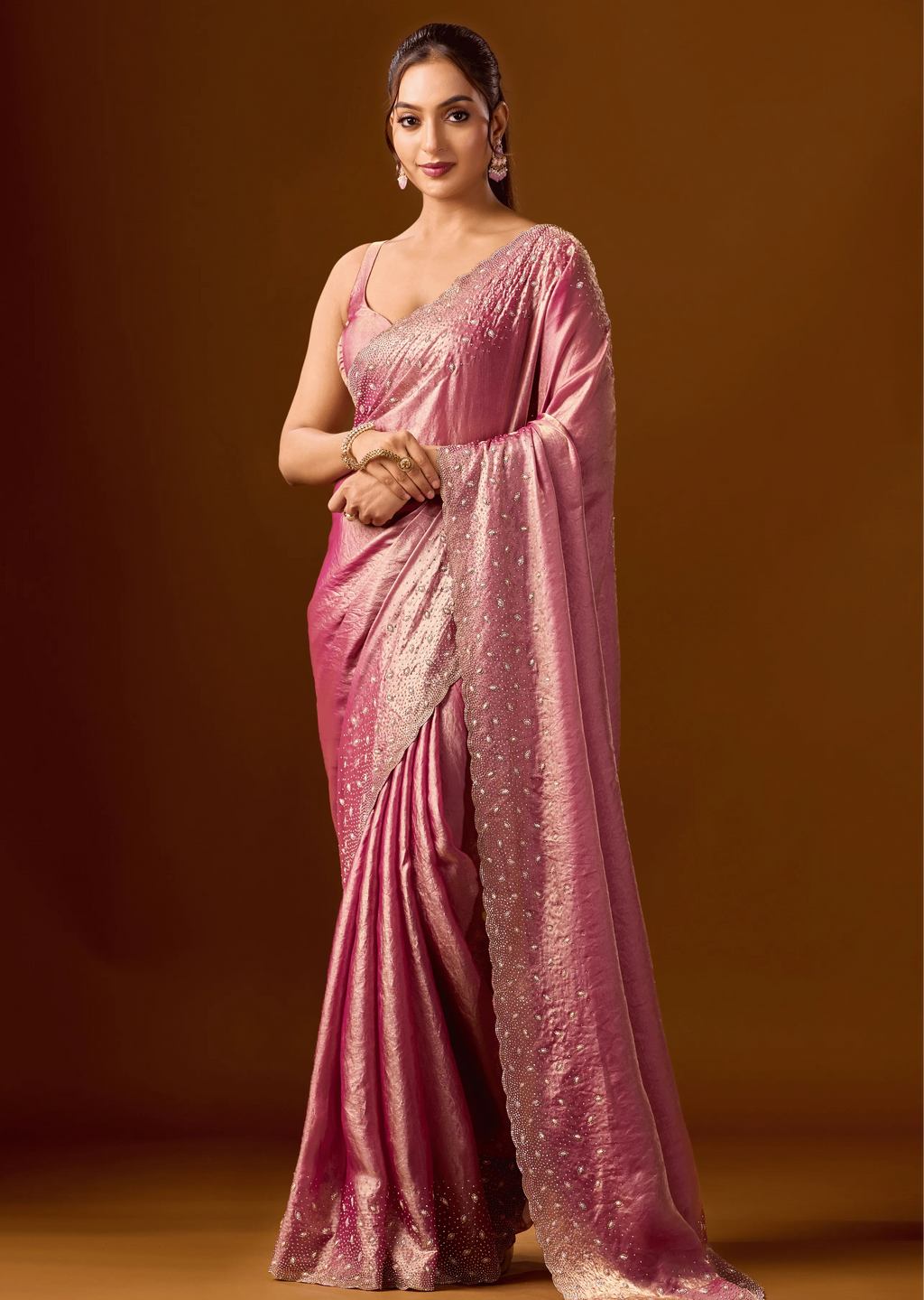 Pink Tissue Silk Saree With Stone Work - Front Look | Buy On Ethnic9