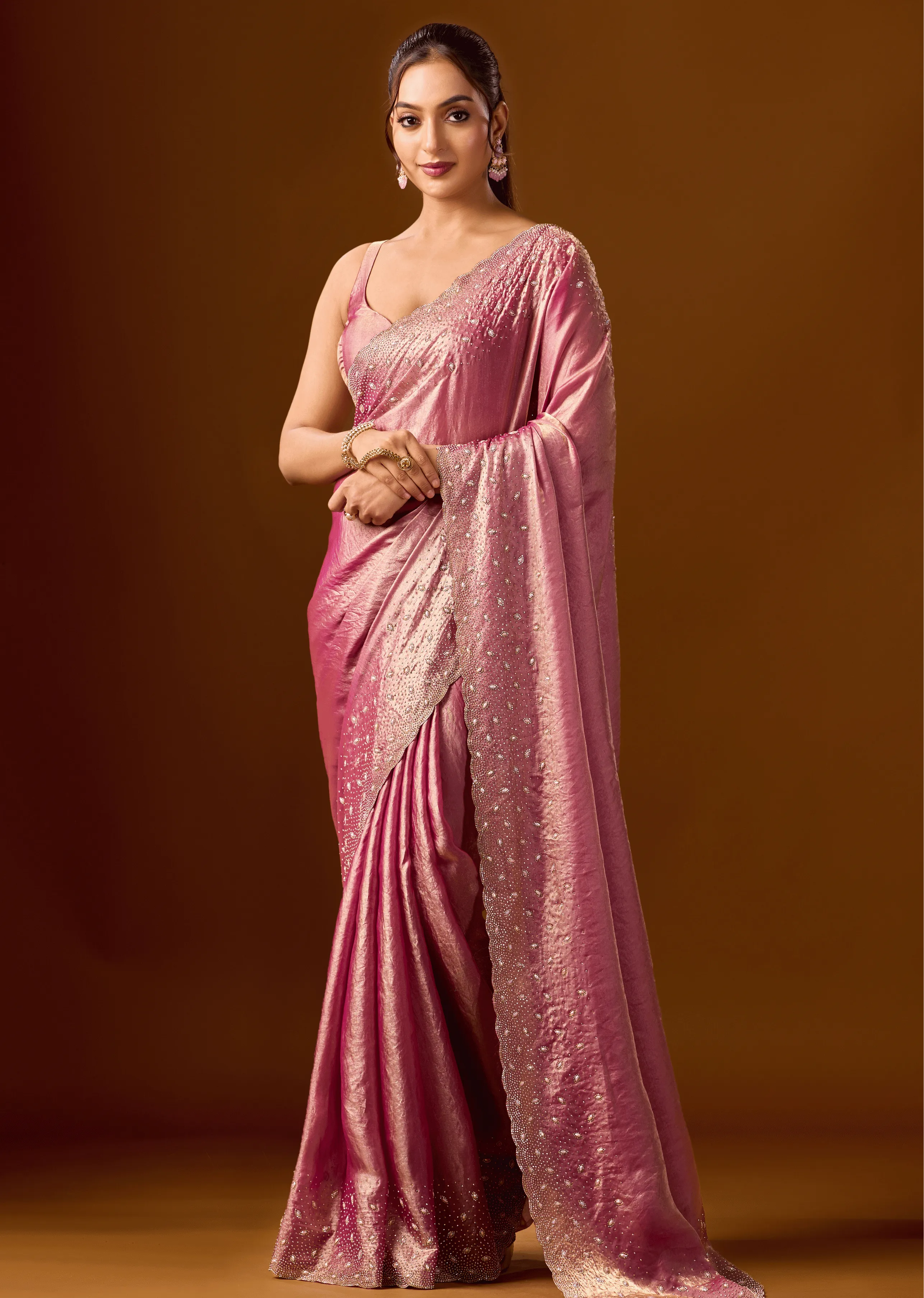Pink Tissue Silk Saree With Stone Work - Front Look | Buy On Ethnic9