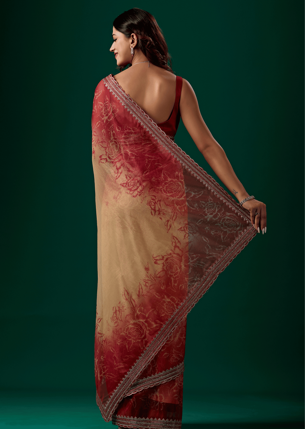 Ruby Red Organza Saree With Floral Print
