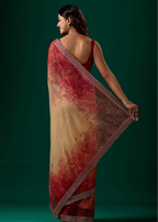 Ruby Red Organza Saree Back Pose - Floral Print Detail