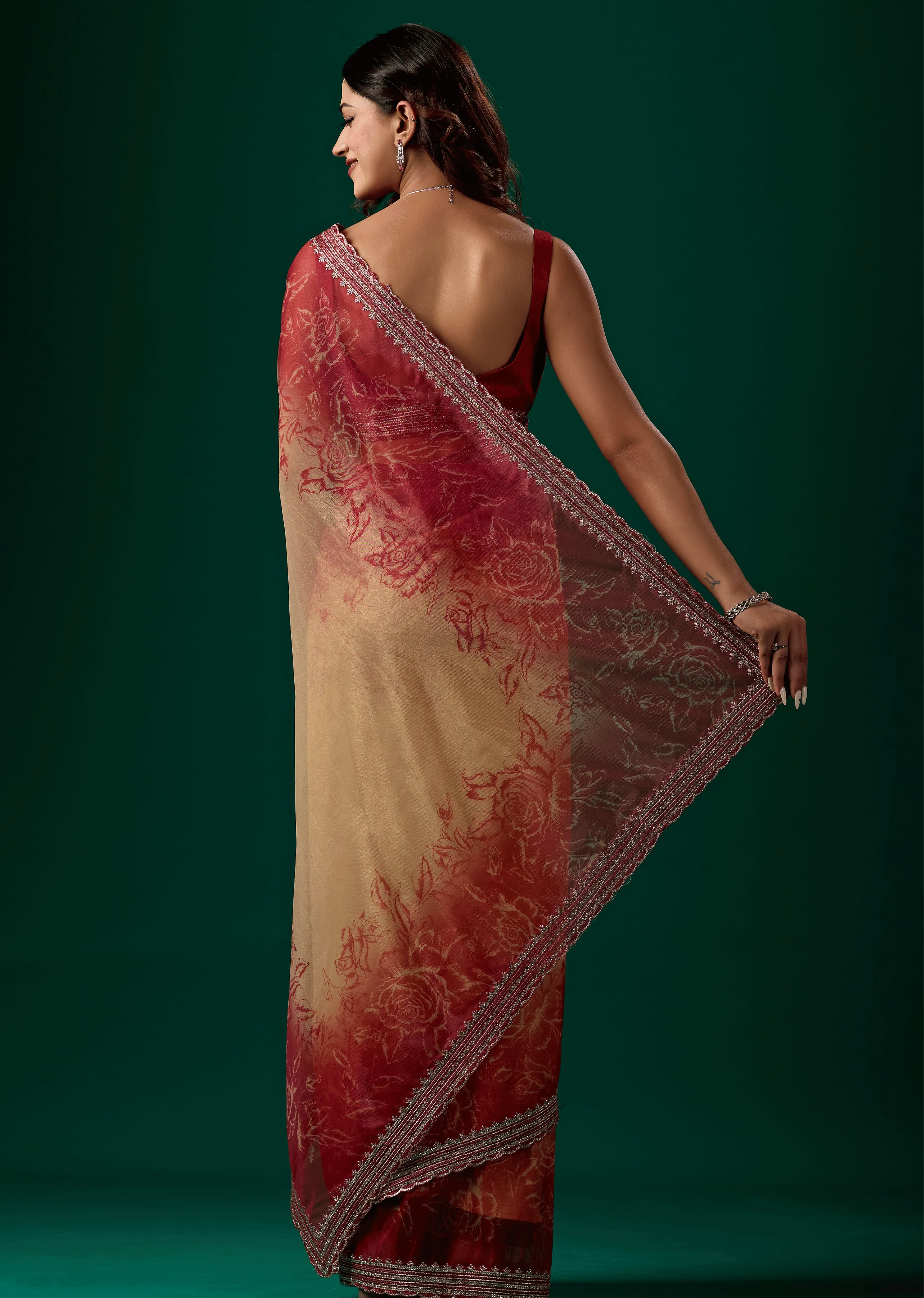 Ruby Red Organza Saree Back Pose - Floral Print Detail