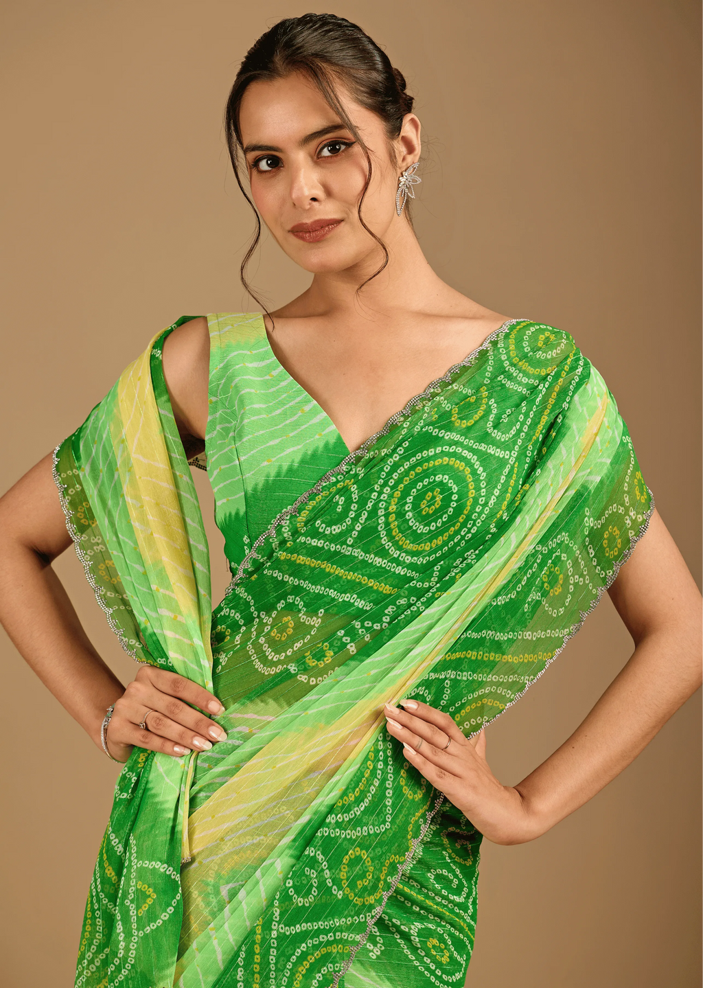 Parrot Green Chiffon Saree With Bandhani Print