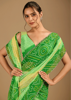 Parrot Green Chiffon Saree With Bandhani Print