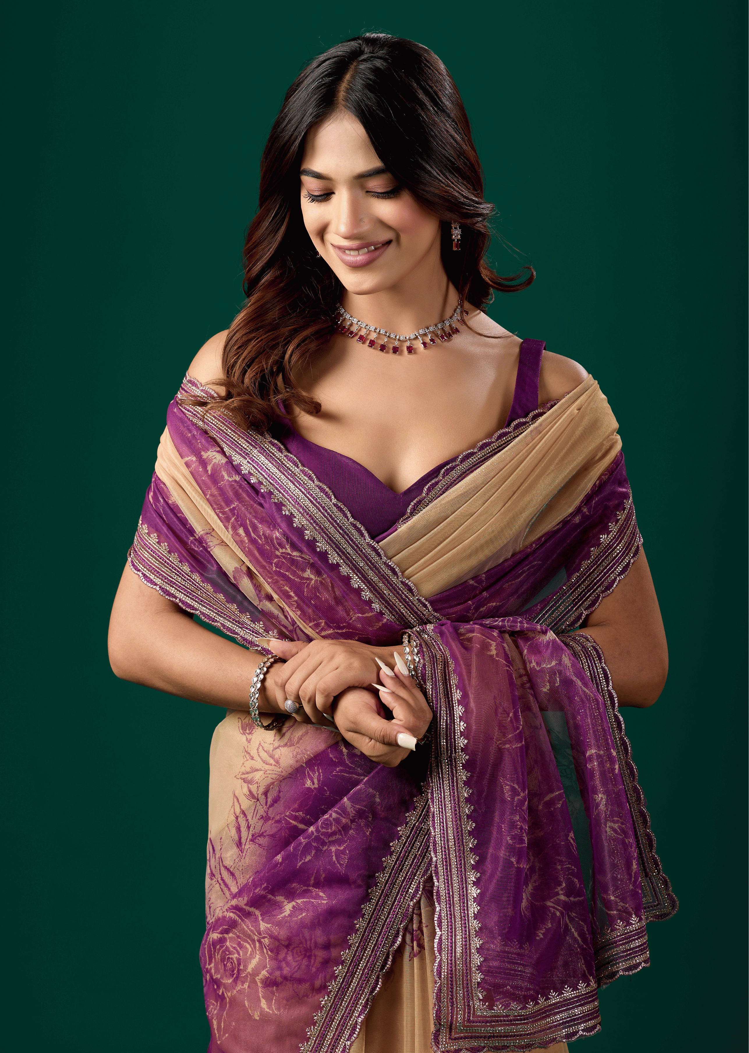 Royal Purple Organza Saree With Floral Print