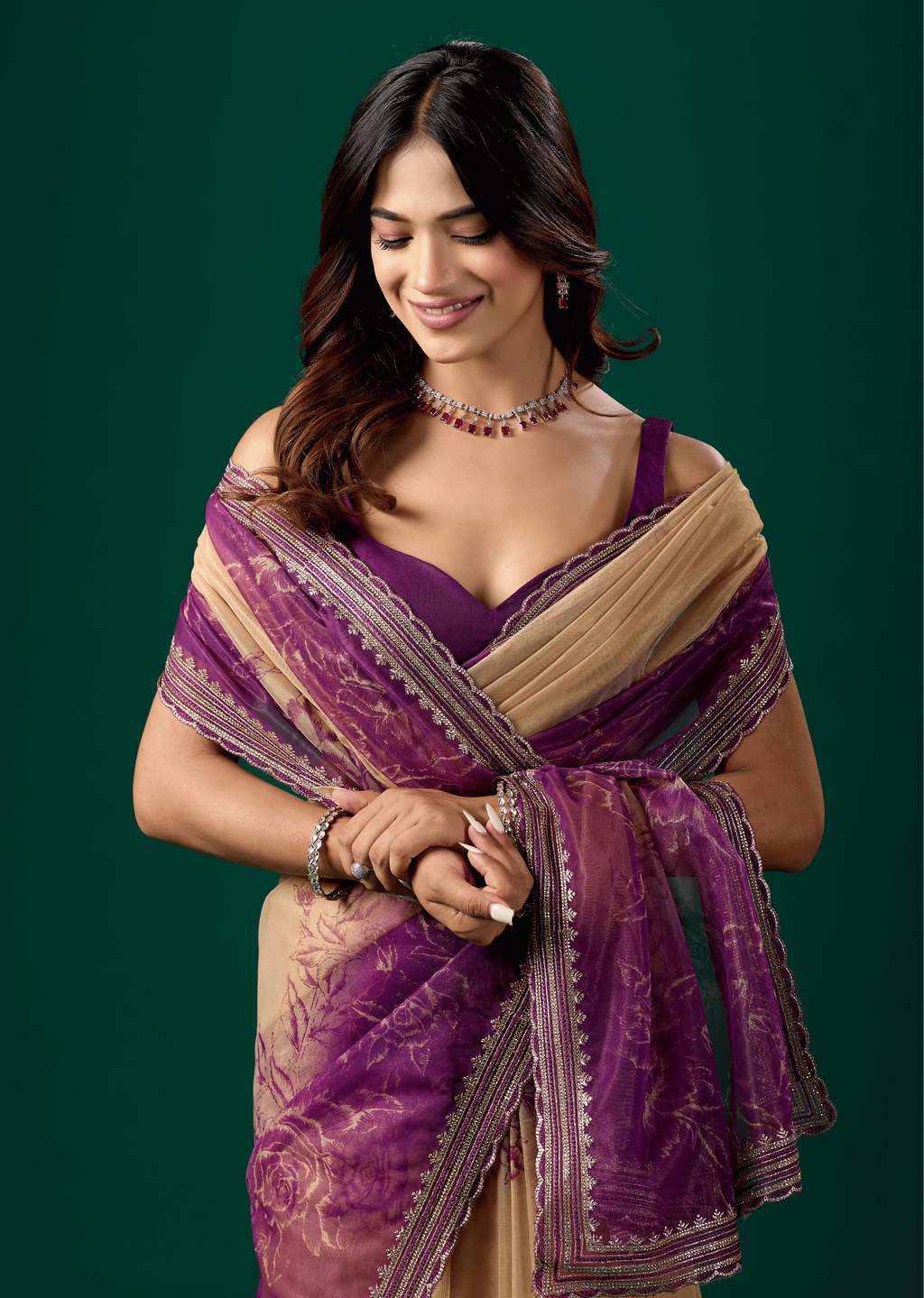 Royal Purple Organza Saree Standing Look - Festive Wear Saree
