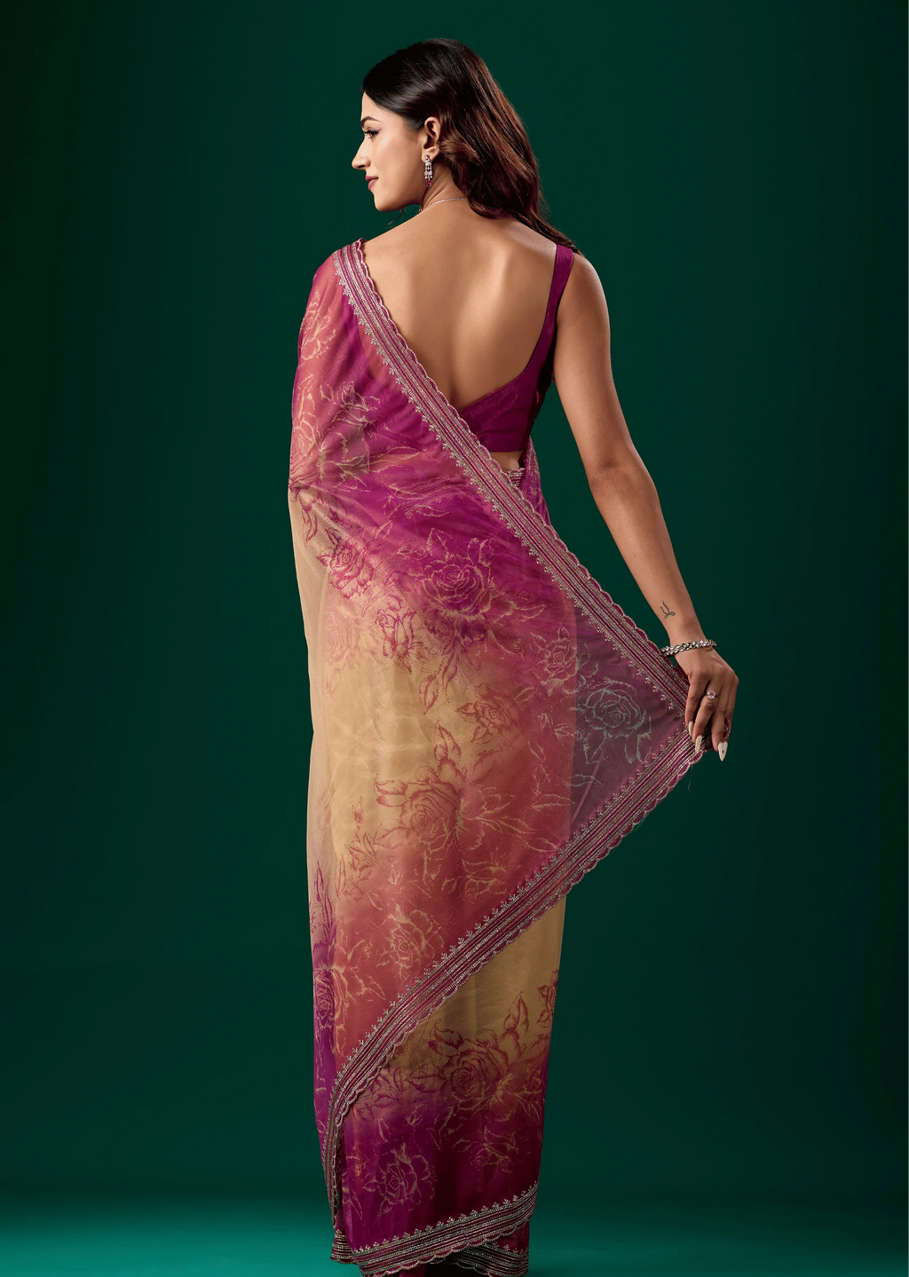 Rani Pink Organza Saree Back Pose - Floral Print Detail