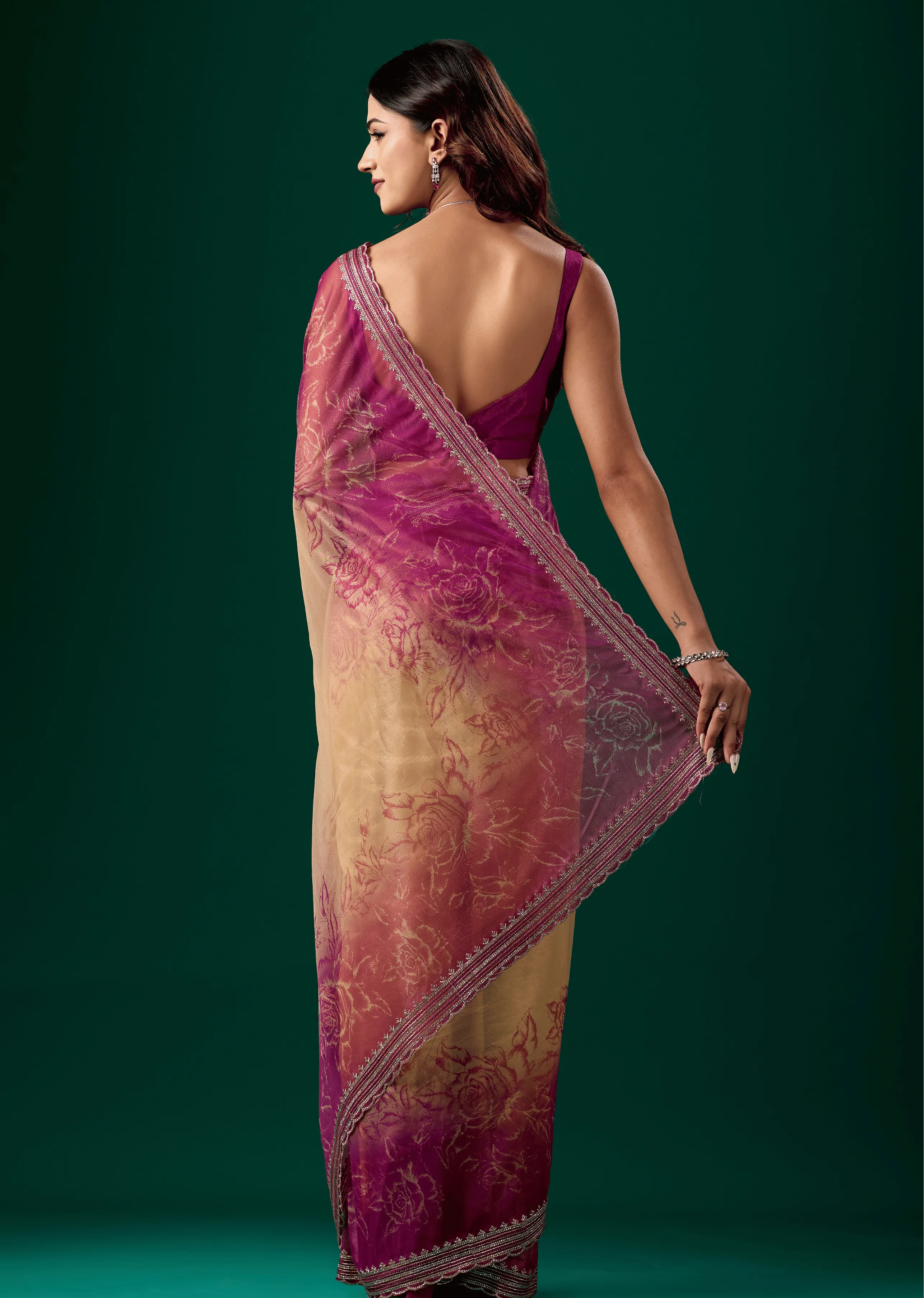 Rani Pink Organza Saree Back Pose - Floral Print Detail