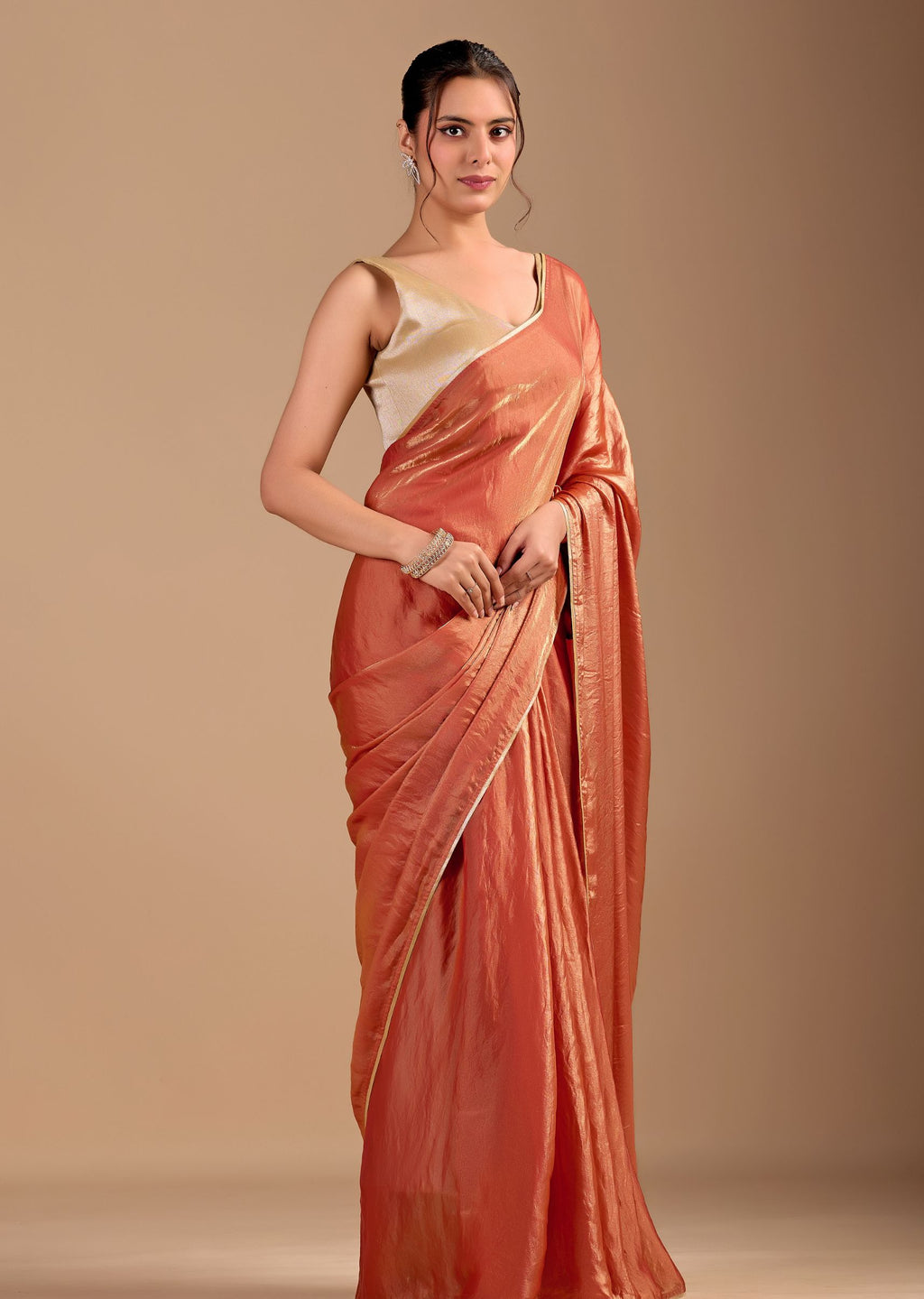 Peach Orange Organza Saree with Stone Work Border & Metallic Sheen