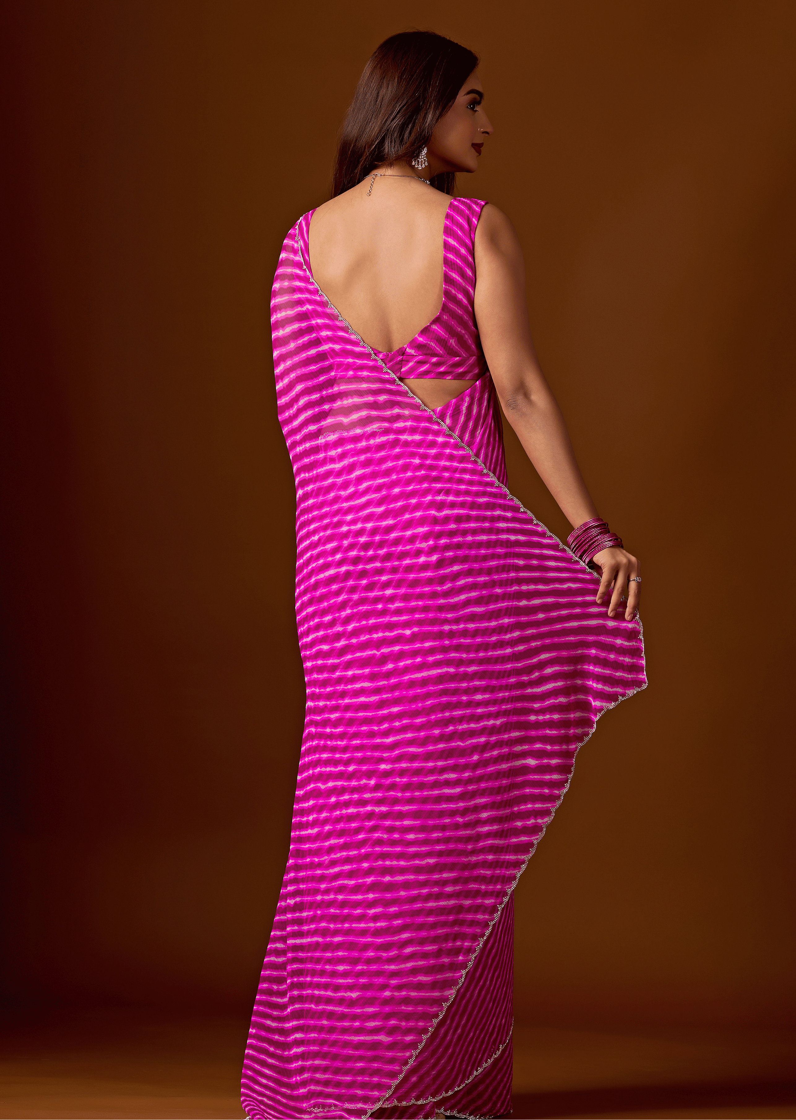 Rani Pink Chiffon Saree With Stone Work