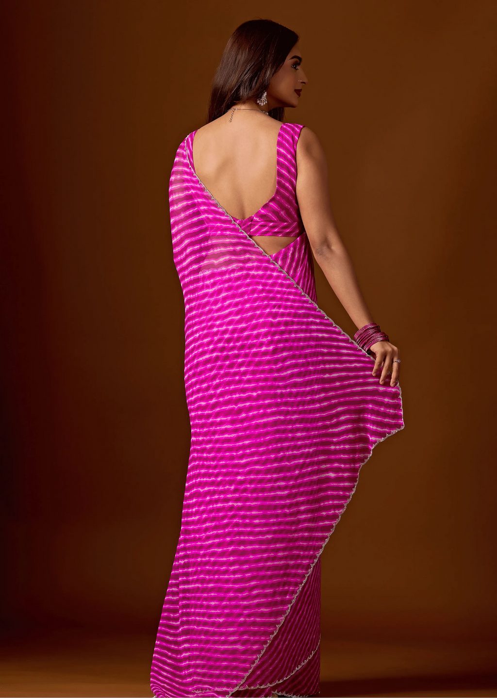 Rani Pink Chiffon Saree Back Pose - Stone Work Detail
