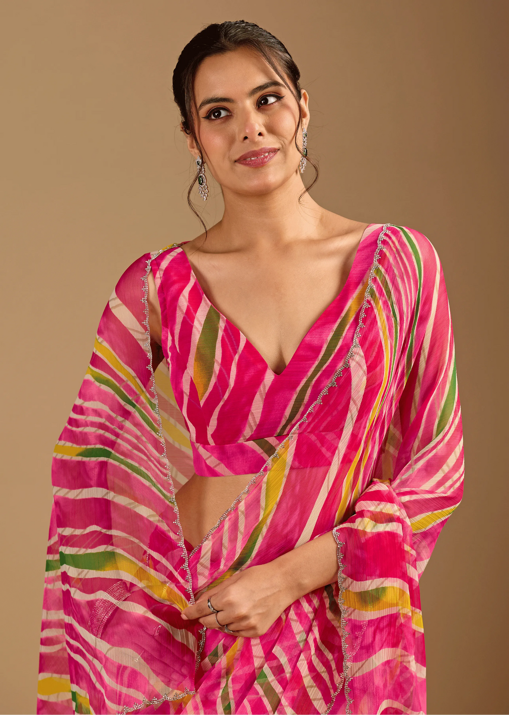  Rani Pink Chiffon Saree Close Up Pose - Stone Work Detailing