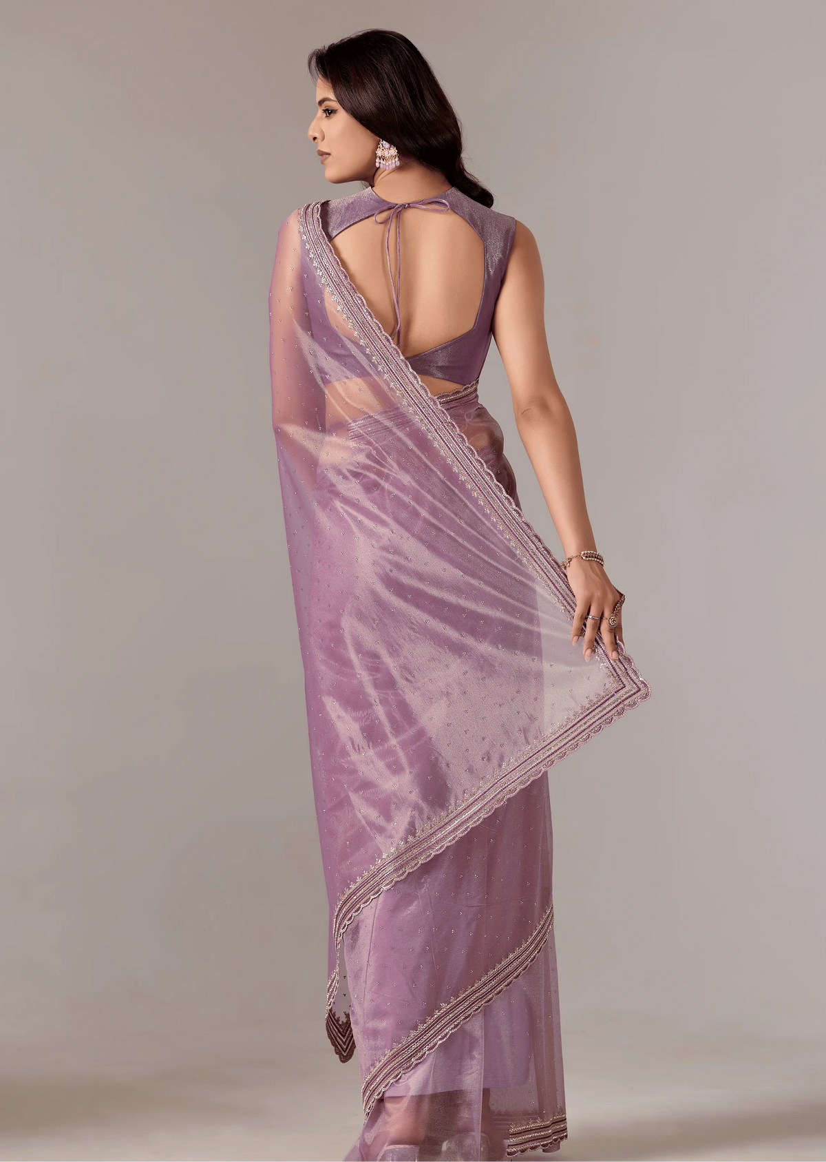 Purple Organza Saree Back Pose - Sequin Border Work Detail