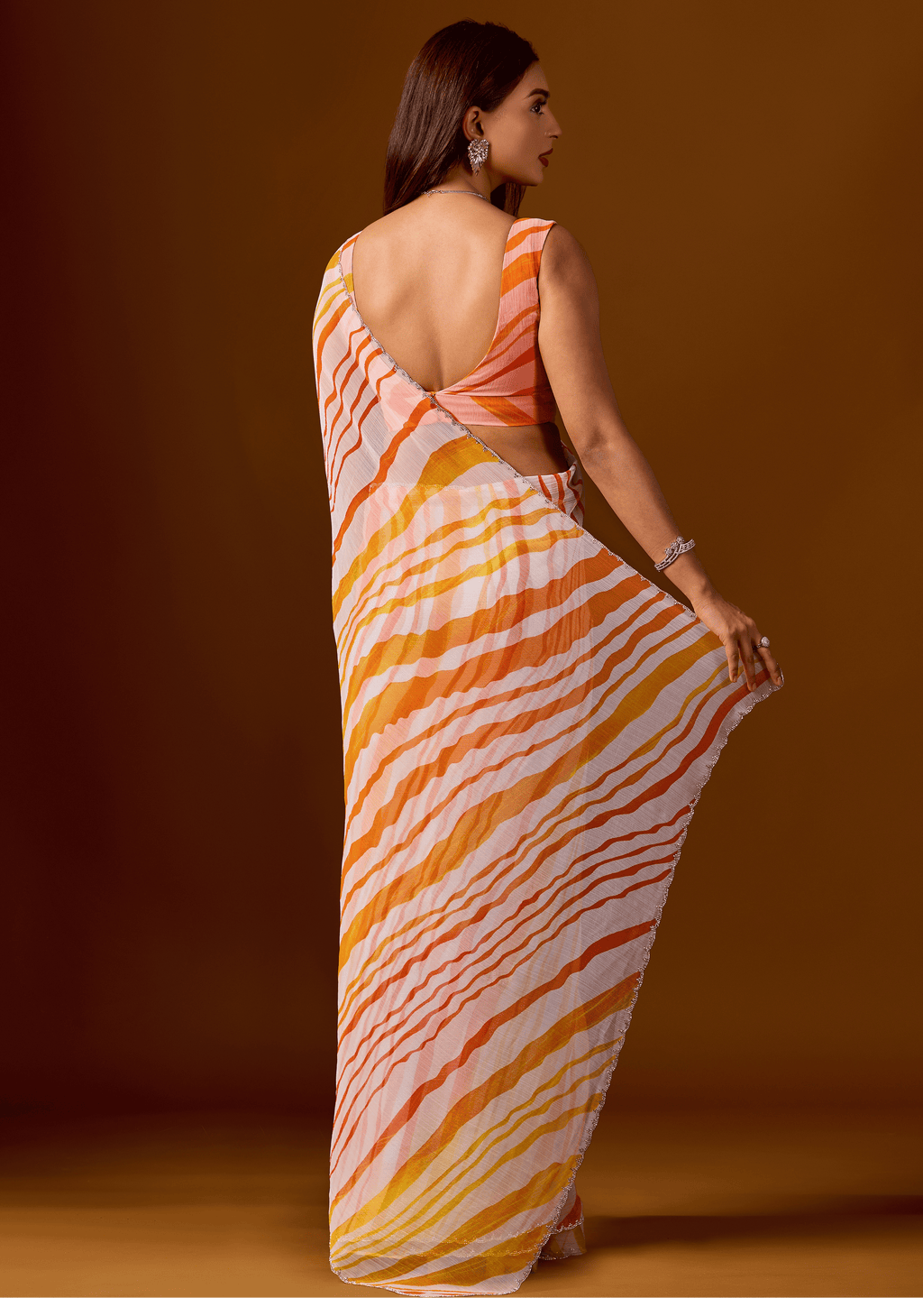 Peach Orange Chiffon Saree With Stone Work
