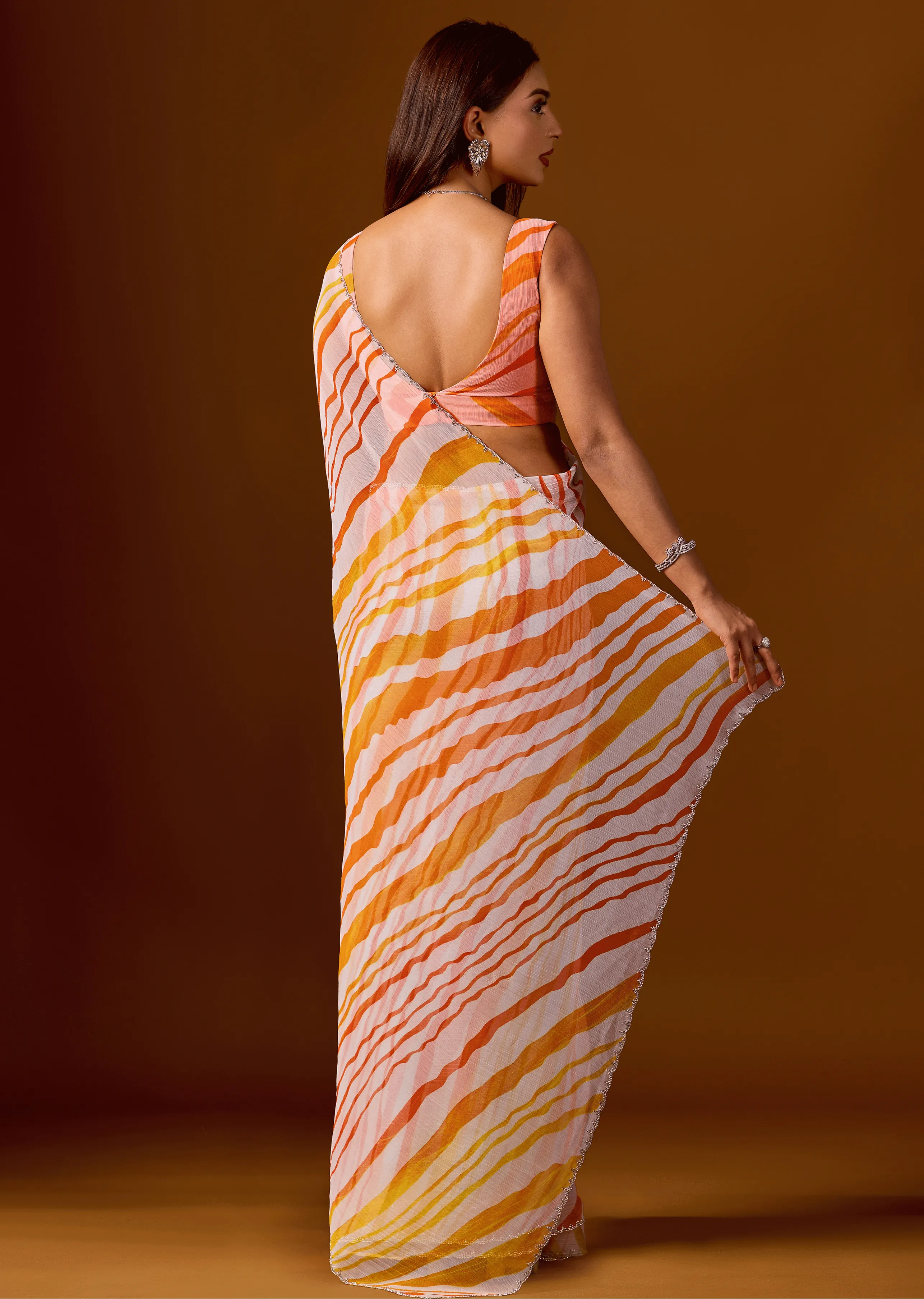Peach Orange Chiffon Saree Back Pose - Stone Work Detail
