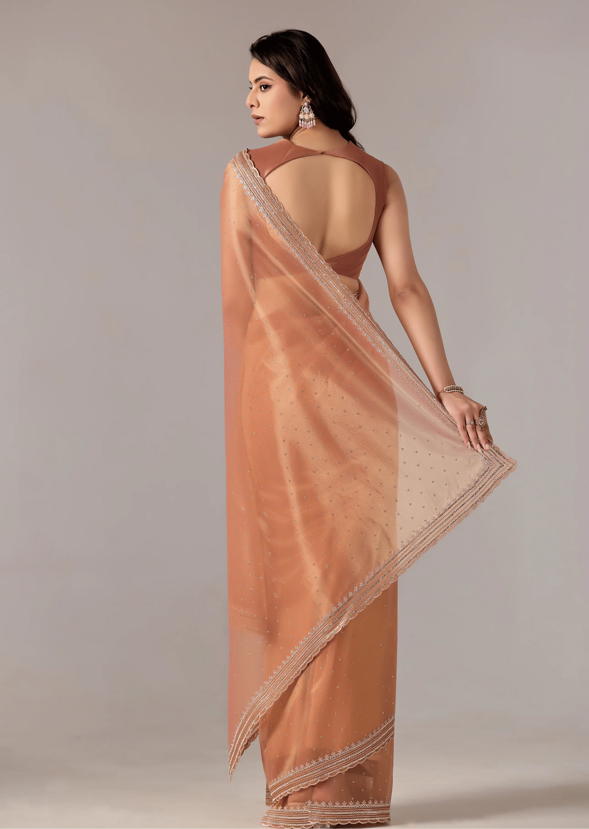 Orange Organza Saree Back Pose - Sequin Border Work Detail