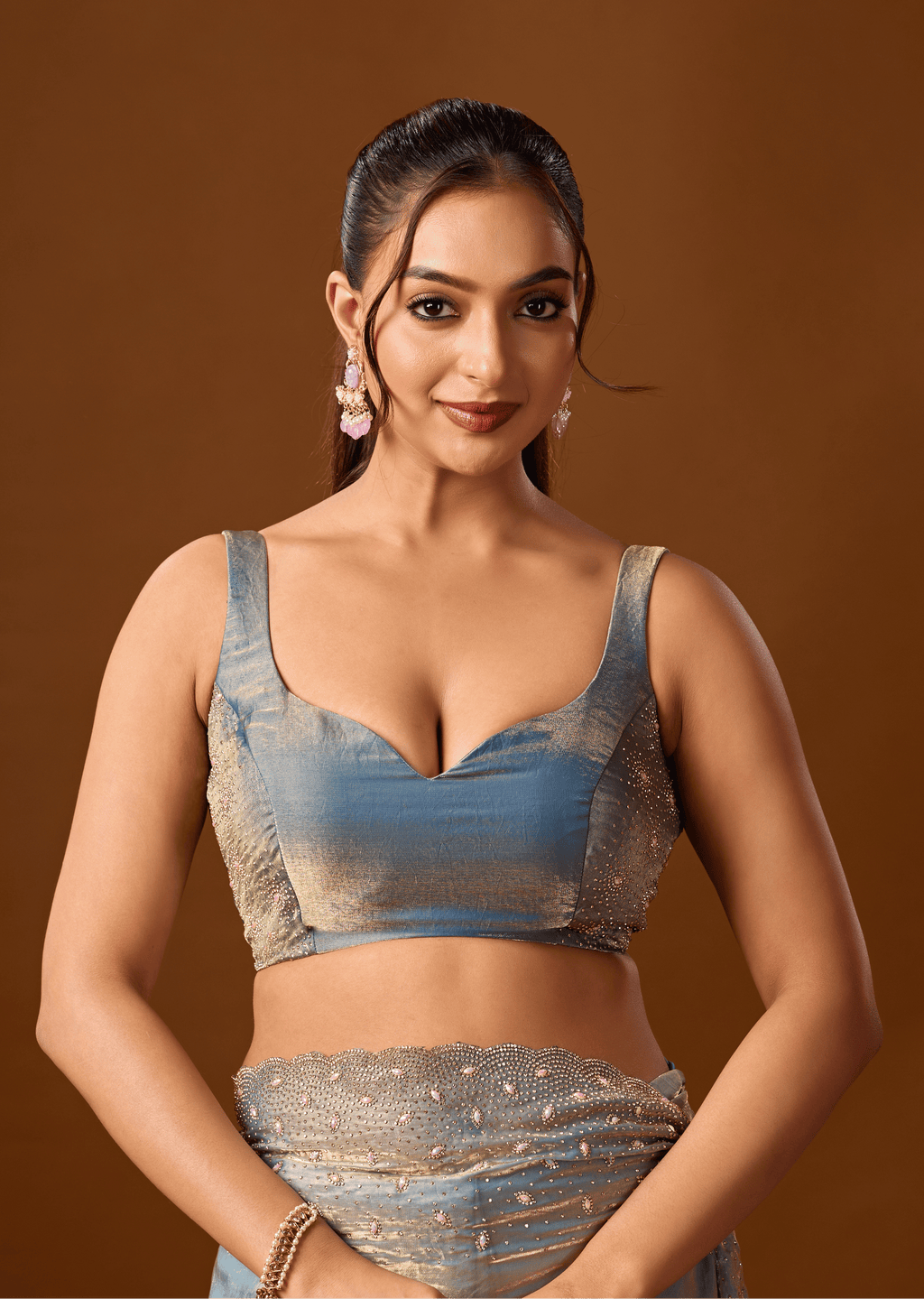 Sky Blue Tissue Silk Saree With Stone Work