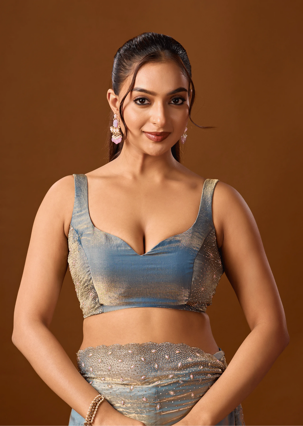 Sky Blue Tissue Silk Saree Close Up Pose - Traditional Wear Saree