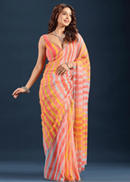 Yellow Red Chiffon Saree Close Up Pose - Haldi Ceremony Wear