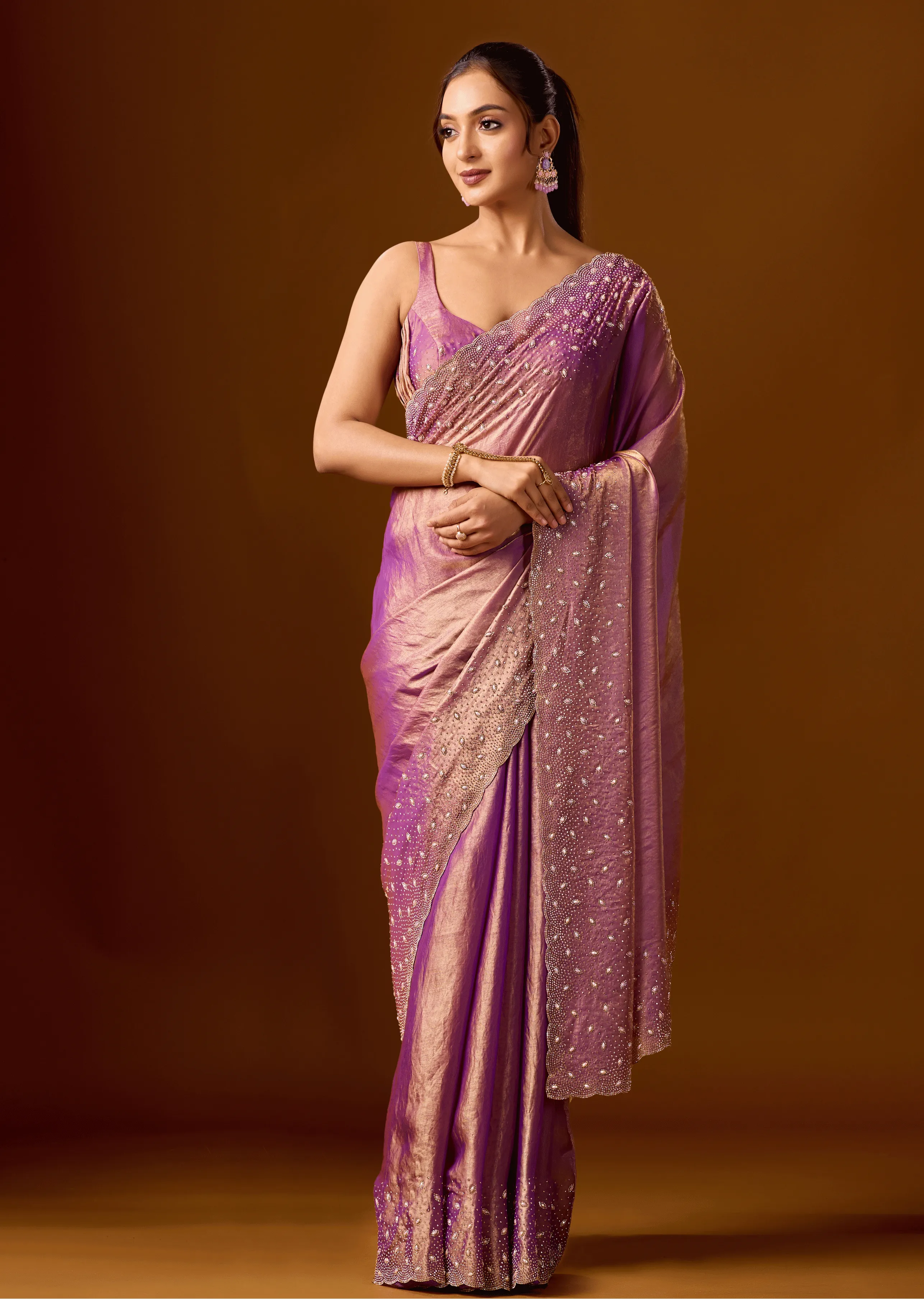 Purple Tissue Silk Saree Close Up Pose - Party Wear Saree